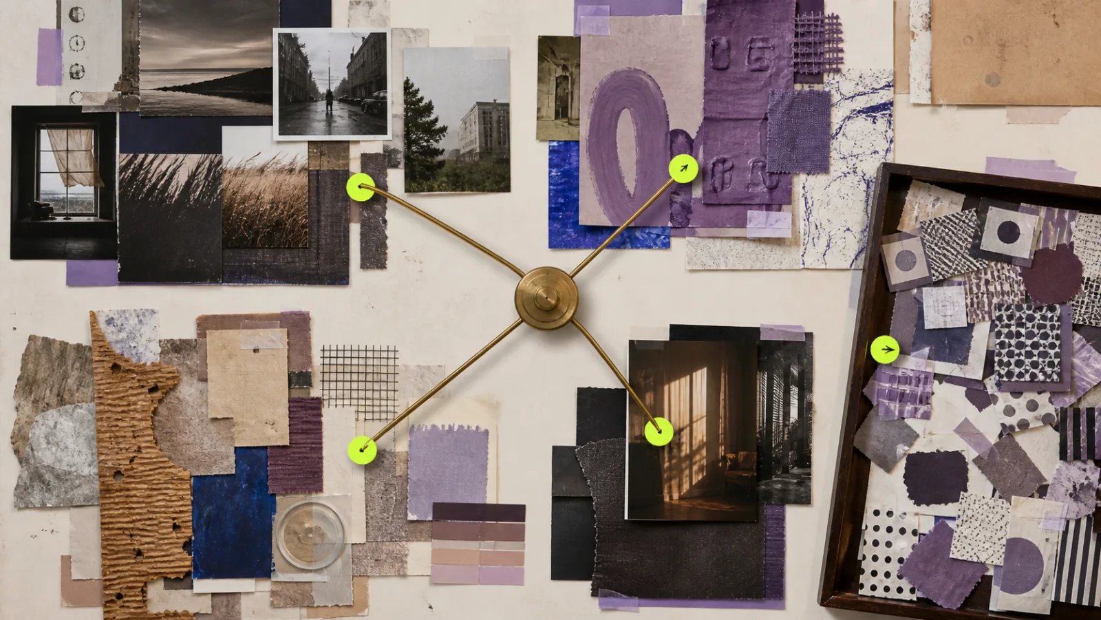 Editorial creative-direction board with several distinct visual paths