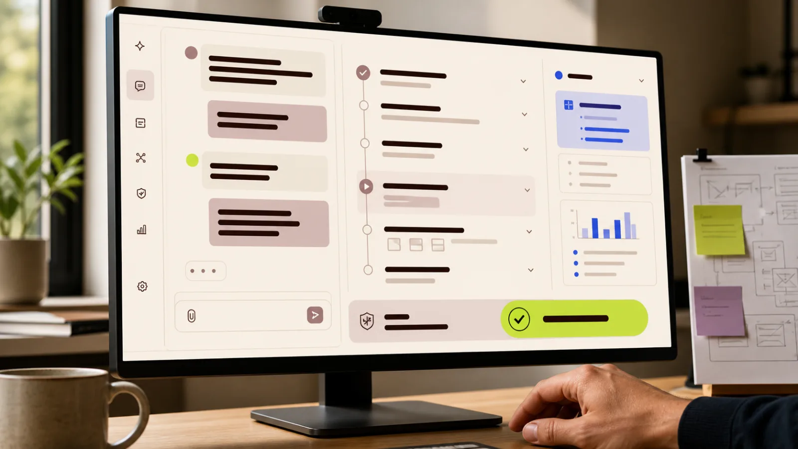 Illustrated agent interface with visible planning and approval controls