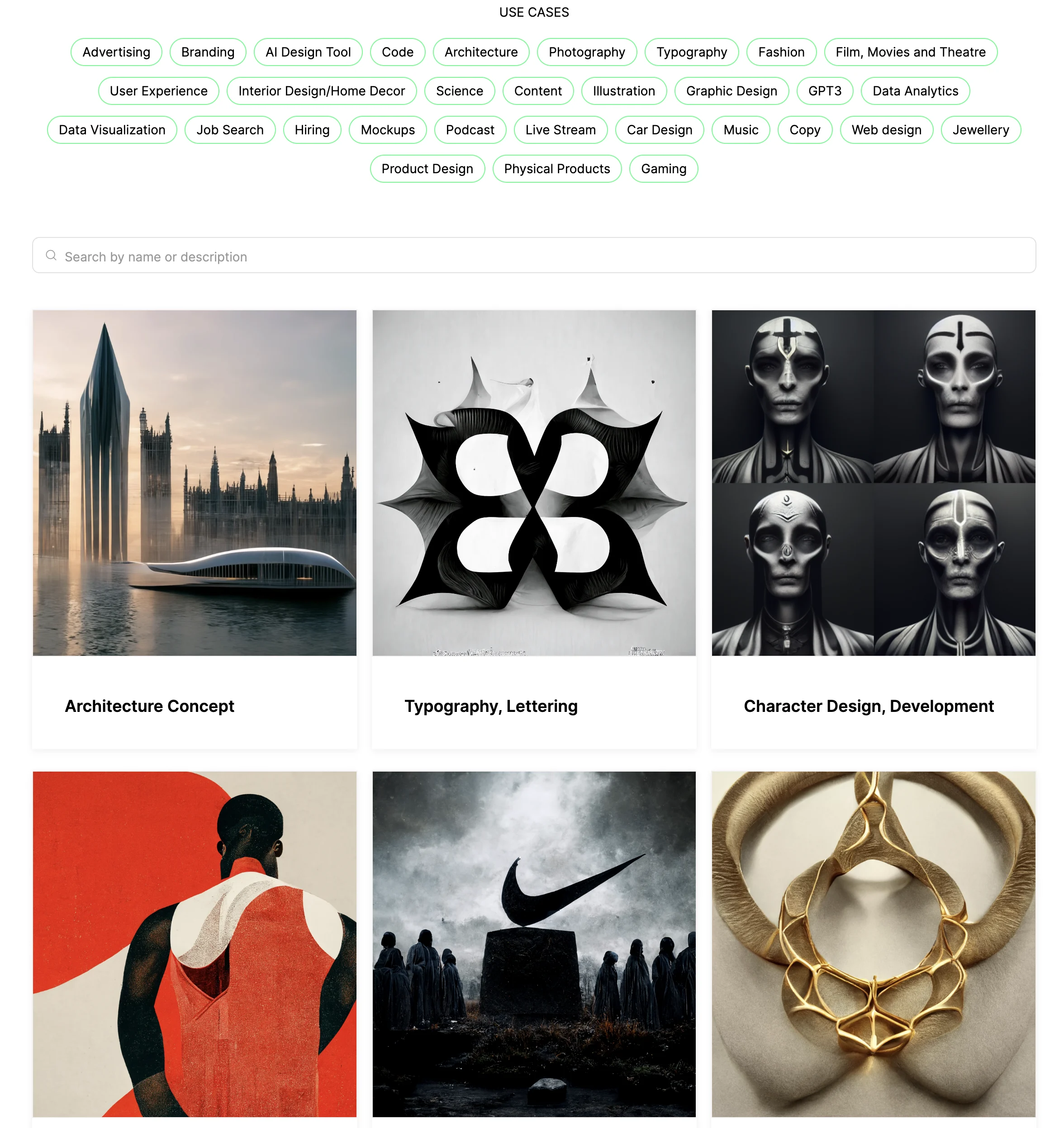 AI Design Tools archive showing searchable creative use cases