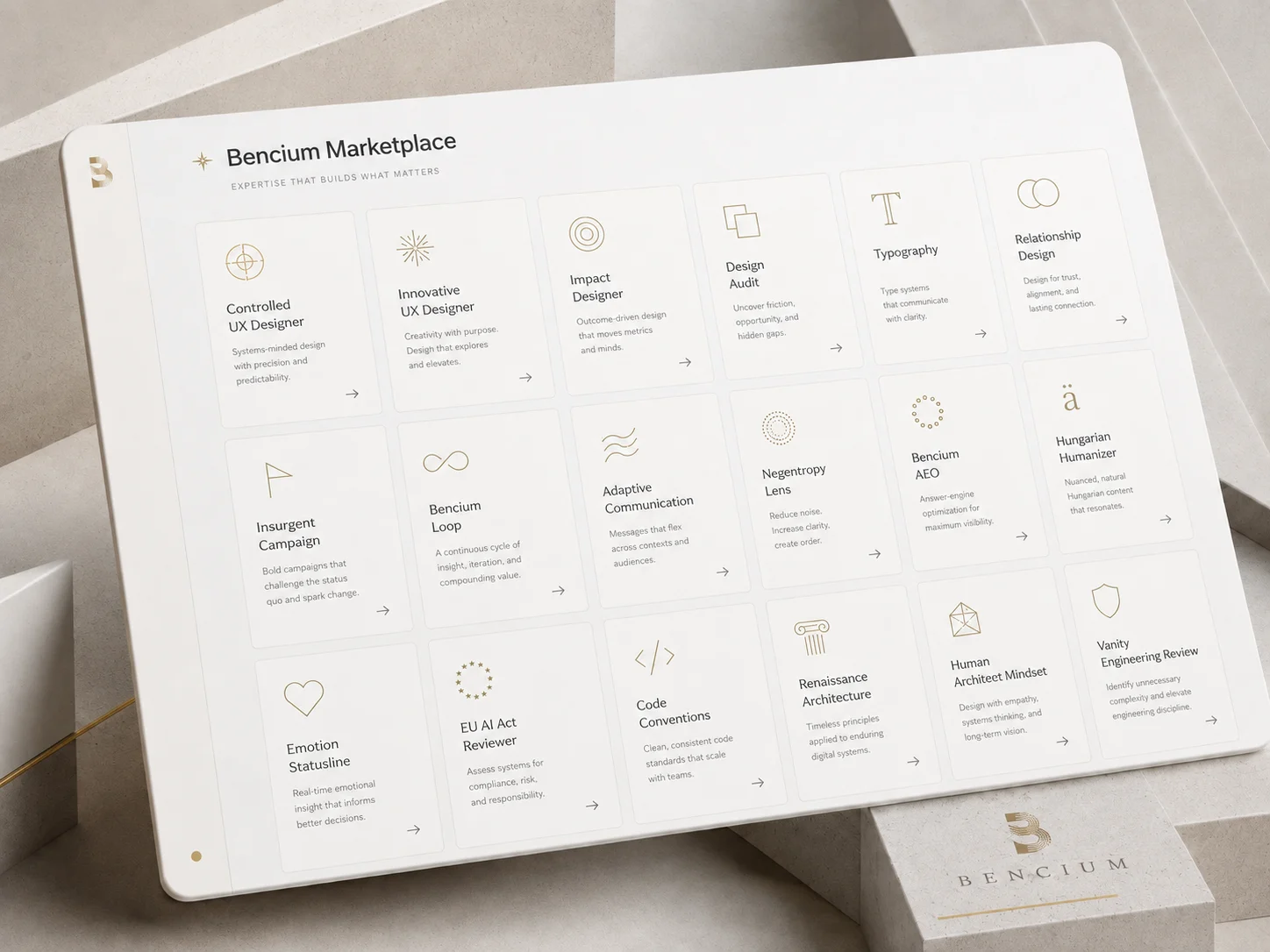 Bencium Marketplace skill collection displayed on a presentation board