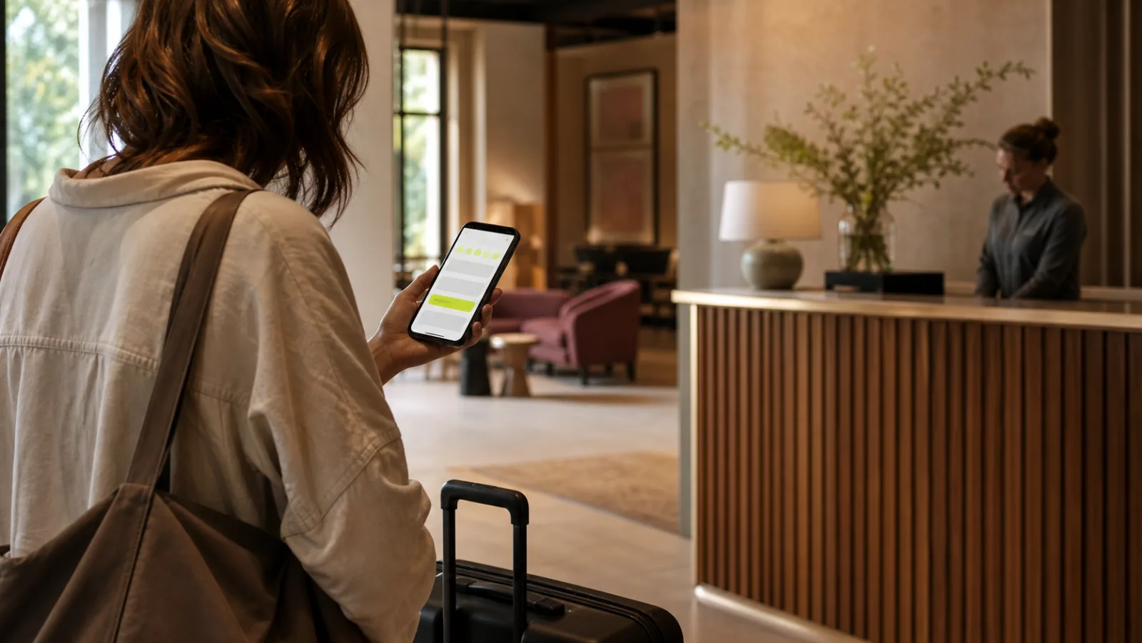 Anonymous hotel guest using a review interface near the reception desk