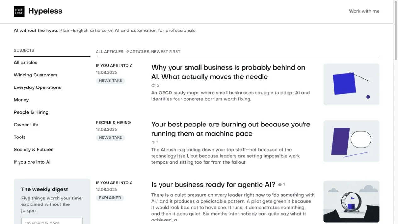 Hypeless magazine index with plain-English articles and subject navigation