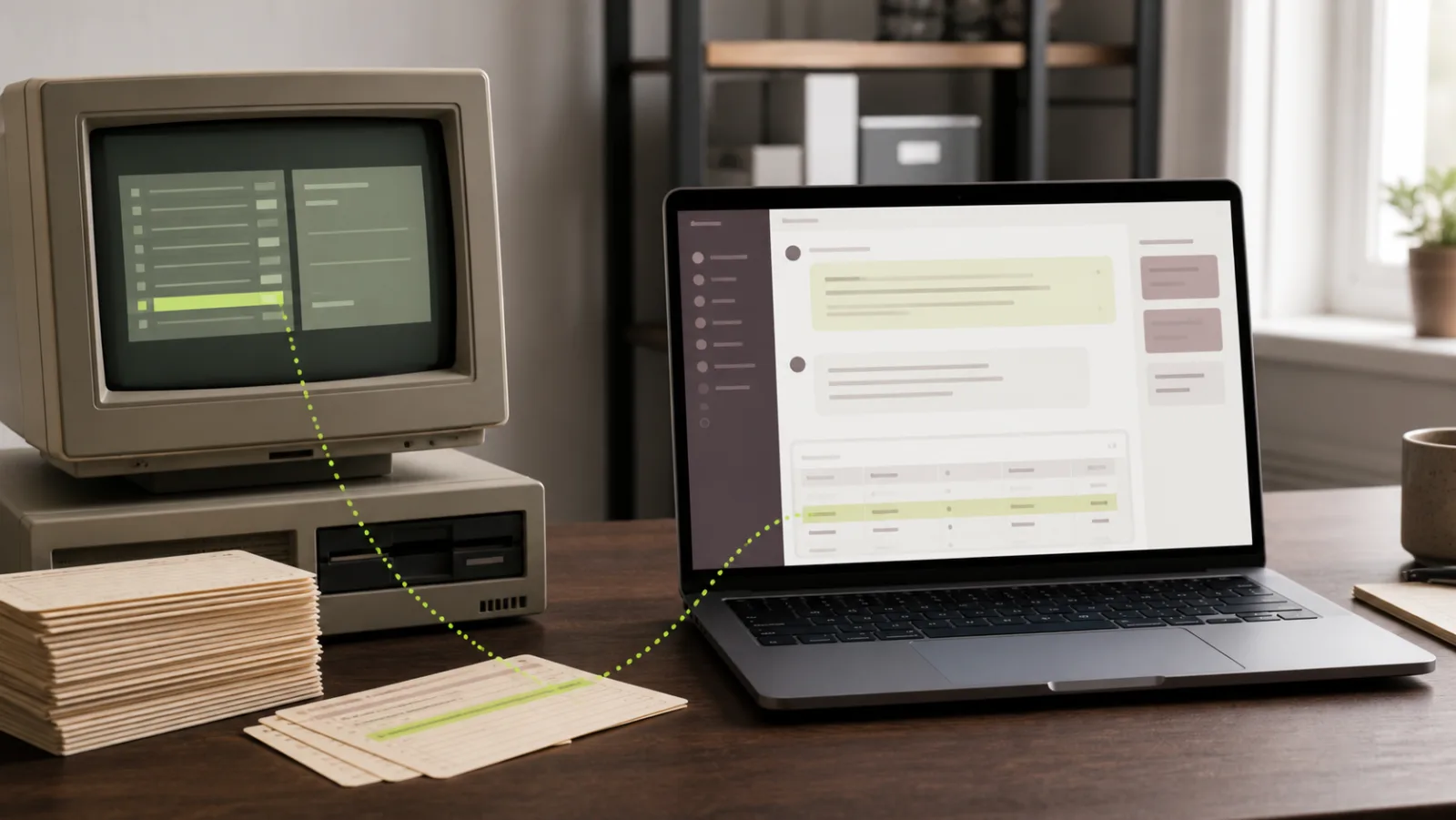 Anonymous legacy-systems copilot linking an older records interface to a modern answer panel