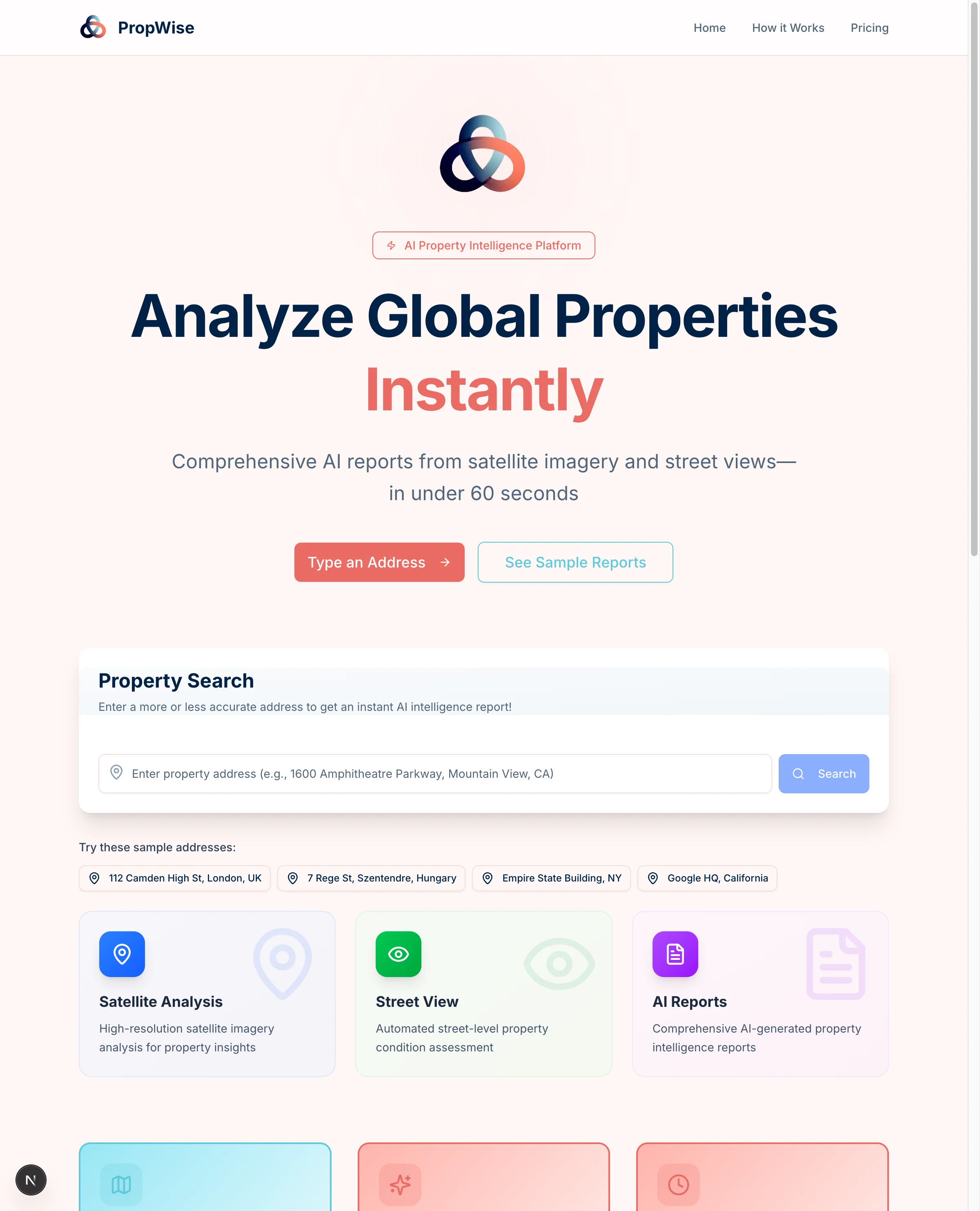 PropWise property-analysis interface with satellite, street-level, map, and report views